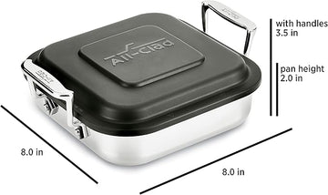 All-Clad Specialty Stainless Steel and Plastic Lid Square Covered Baking Pan 8x8 Inch Oven Broiler Safe 600F Pots and Pans Silver